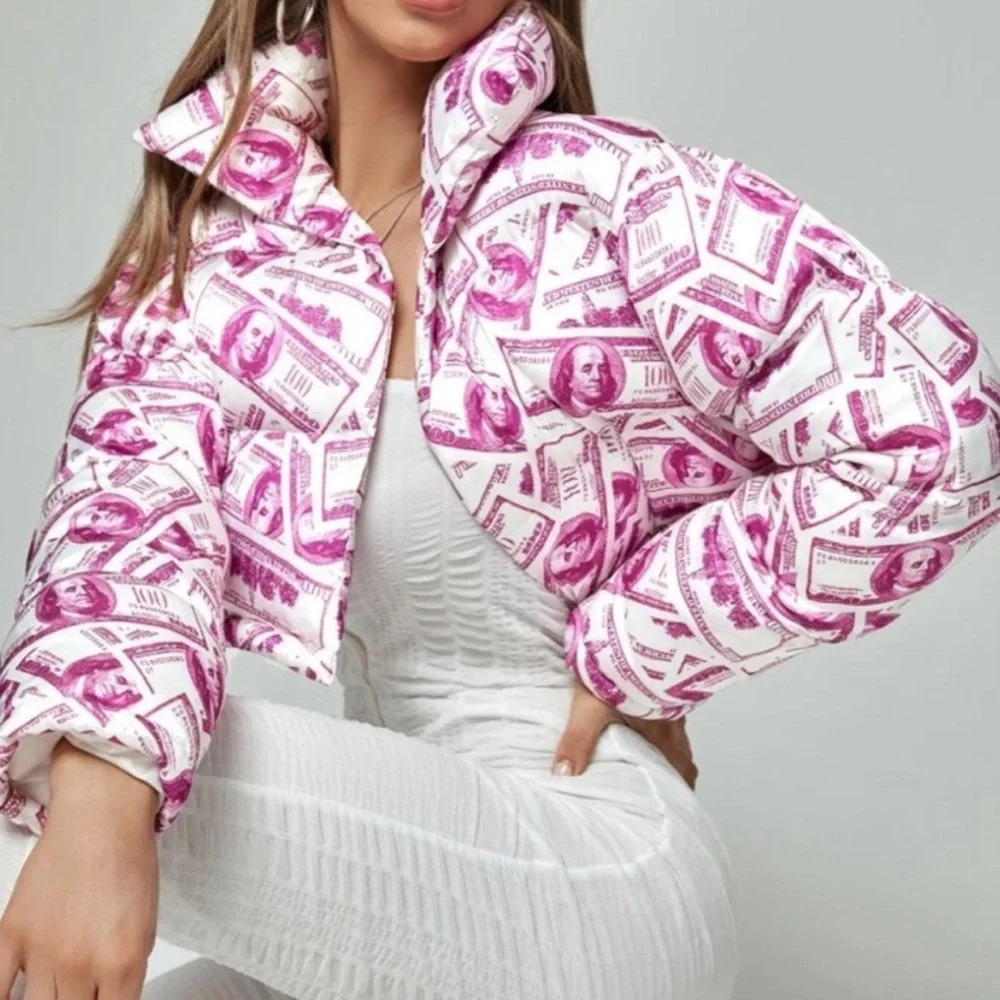Preloved excellent condition Pink Money Print Cropped Puffer Jacket